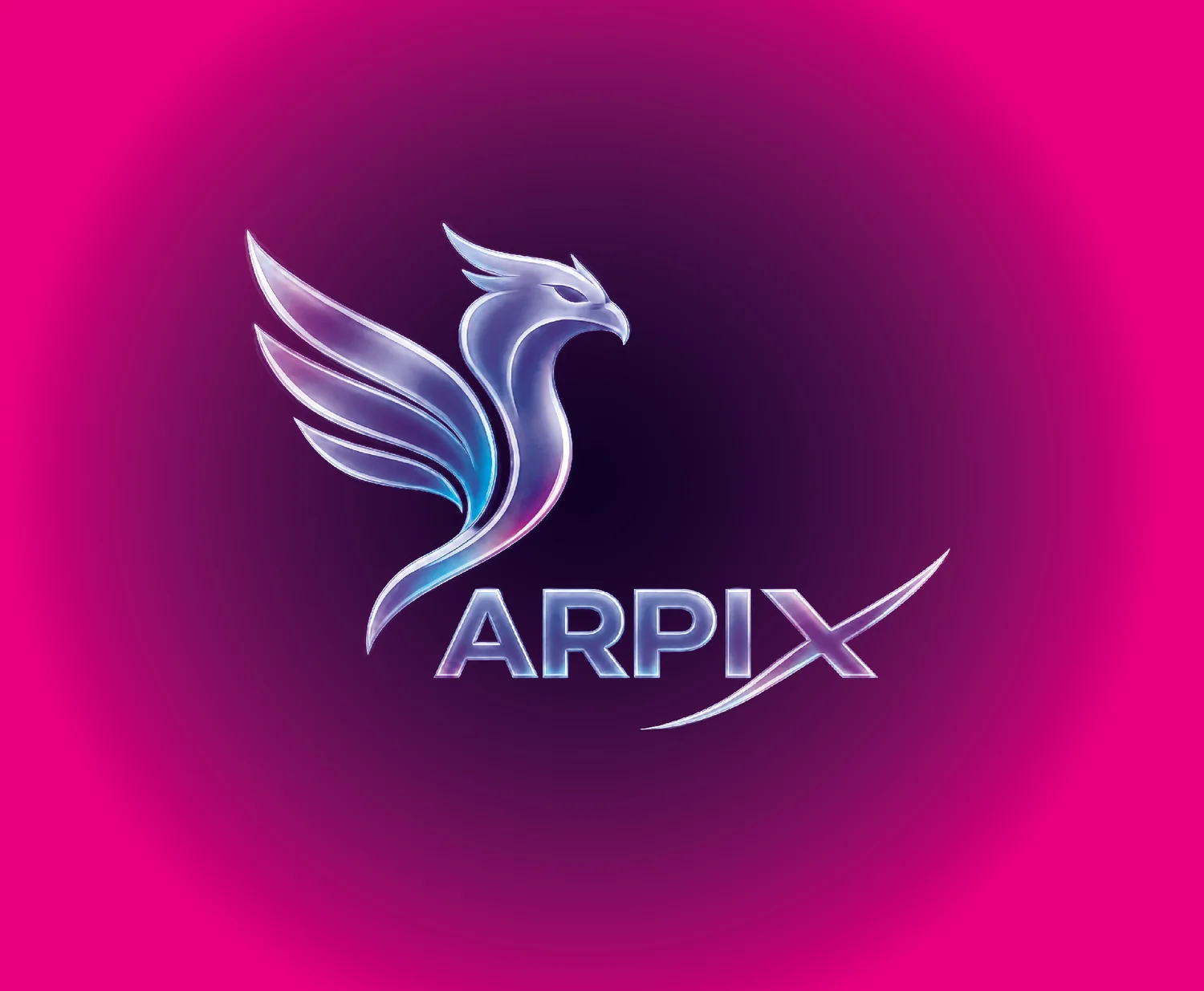 Logotipo de ARPIX: ave alada metálica sobre fondo violeta y fucsia